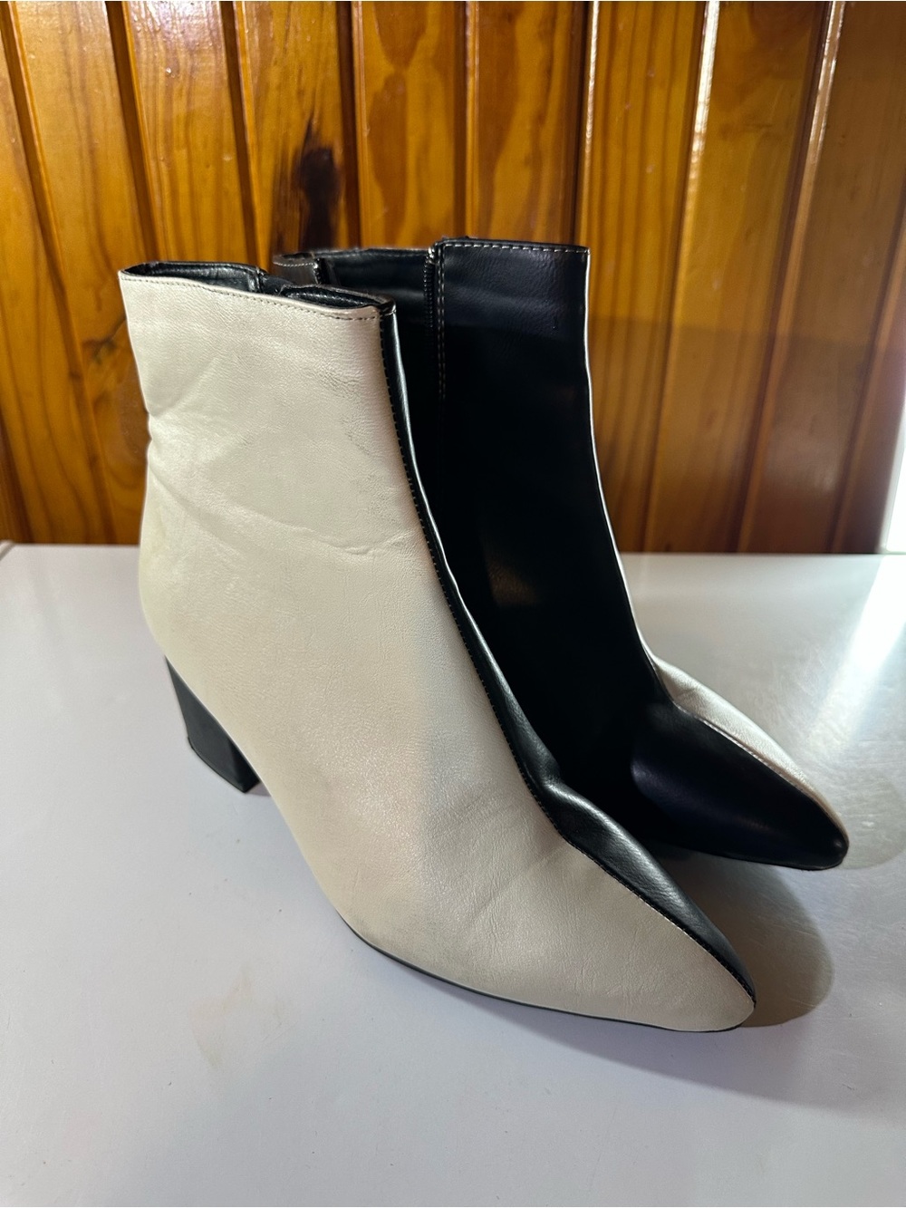 BAMBOO Two-Tone Black and White Pointed Ankle Booties